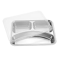 ERINGOGO Metal Sectioned Plate Stainless Steel Divided Plates with Lid, Rectangular Dinner Tray Diet Plate with 3 Sections, Steckable Serving Platter Snack Fruit Plate for, Campers