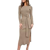 ANRABESS Women Sweater Dress 2024 Crew Neck Long Sleeve Tie Waist Slim Fit Ribbed Knit Bodycon Midi Dress Trendy Fall Outfits