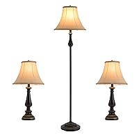 Lamp Set of 3 (2 Table Lamps, 1 Floor Lamp), 3 Piece Floor and Table Lamp Set, Living Room Bedroom Lamps in Black Finish with Vintage Brown Fabric Lamp Shades for Bedside Nightstand Home Office