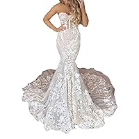 Melisa Women's Strapless Backless Lace Beach Mermaid Wedding Dresses for Bride with Train Bridal Ball Gowns