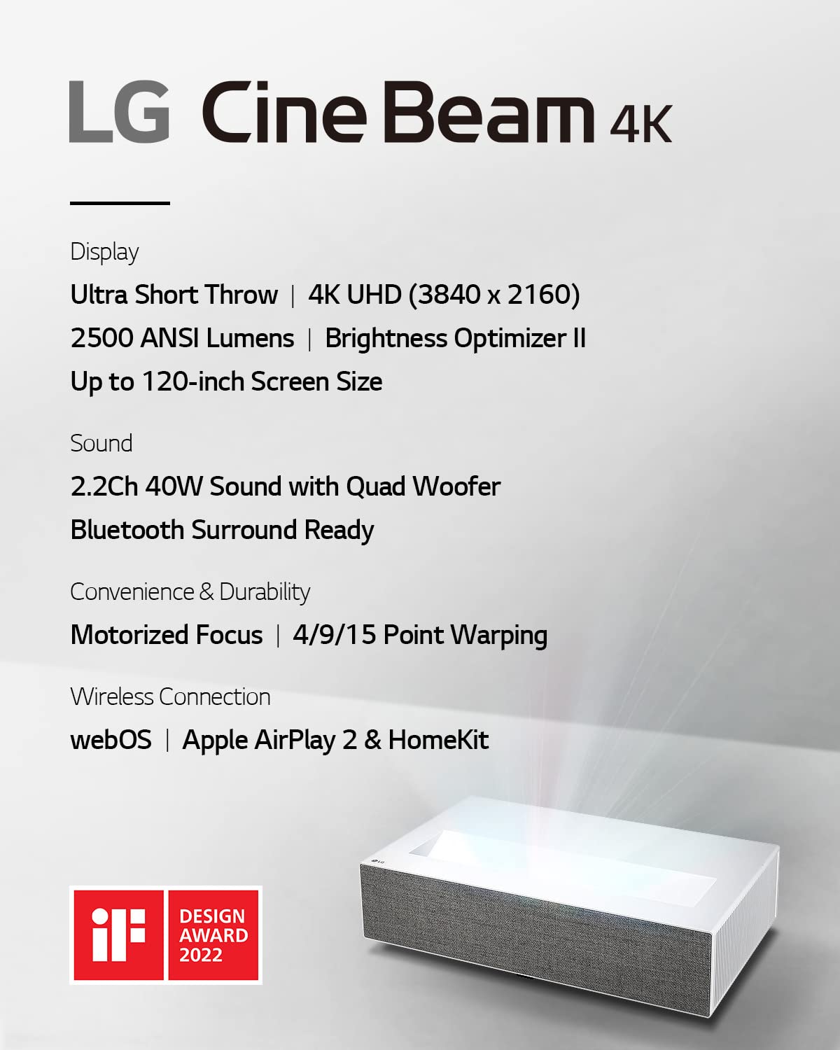 LG CineBeam UHD 4K Projector HU715QW - DLP Ultra Short Throw Laser Smart Home Theater Projector, White