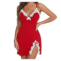 Dresses for Women 2024 Lace Trim Chemise Nightgown Spaghetti Strap Night Slip Dress Ribbed Knit Nighties Sleepwear