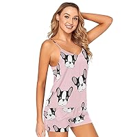 French Bulldog Pink Women's Pajamas 2 Piece Set Lingerie Sexy Satin Cami Shorts Sleepwear Nightwear