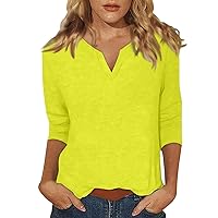 Blouses for Women Womens Tops 3/4 Sleeve V Neck Cute Shirts Casual Print Trendy Tops Three Quarter Length T Shirt Womens Fall Fashion 2024 26-Yellow Large