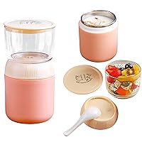 Insulated Yogurt Container with Topping Cereal or Oatmeal Cup, Reusable Portable Leak-Proof Food Storage Jar with Lid and Spoon, Breakfast On the Go Cup for Milk, Granola, BPA Free, Pink