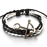 COOLSTEELANDBEYOND Mens Womens Bow and Arrow Black White Leather Cotton Wrap Bracelet Wristband