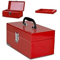 Small Tool Box, Portable Removable Tray Heavy Steel Tool Box with Metal Latch Closure, Red, Metal Tool Box for Household, Warehouse, Repair Shop,Workshop,Tools Storage,Home DIY