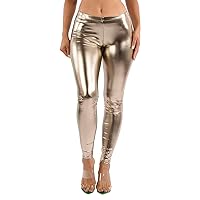 OFENTI Women's Metallic Shiny Leggings - High Waist Faux Leather Footless Tights Pants Wet Look Skinny Glamour