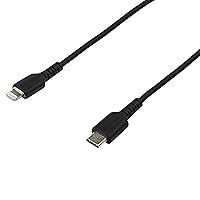 StarTech.com 6 Foot (2m) Durable Black USB-C to Lightning Cable - Heavy Duty Rugged Aramid Fiber USB Type C to Lightning Charger/Sync Power Cord - Apple MFi Certified iPad/iPhone 12 (RUSBCLTMM2MB)