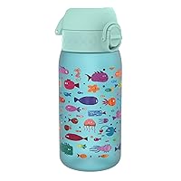 Ion8 Kids Water Bottle, 350 ml/12 oz, Leak Proof, Easy to Open, Secure Lock, Dishwasher Safe, BPA Free, Carry Handle, Hygienic Flip Cover, Easy Clean, Odor Free, Carbon Neutral, Blue, Free Fish Design