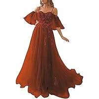 Women's Off Shoulder Sleeve Prom Dresses Tulle Lace Applique Evening Party Dress