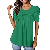Women's Top Ruched Short Sleeve Shirts Business Casual Round Neck Blouse Babydoll Pleated Tunics Tops Loose Fit T-Shirt
