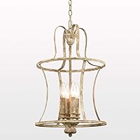 French Country Lantern Chandelier 4-Light Distressed White Pendant Light Fixtures with Chain Modern Farmhouse Lantern Pendant Lighting for Kitchen Island Dining Room