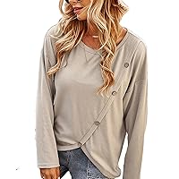 Spring Women's Casual Long Sleeve T-Shirt Round Neck Solid Color Button T-Shirt Irregular Hem Clothing Camisole