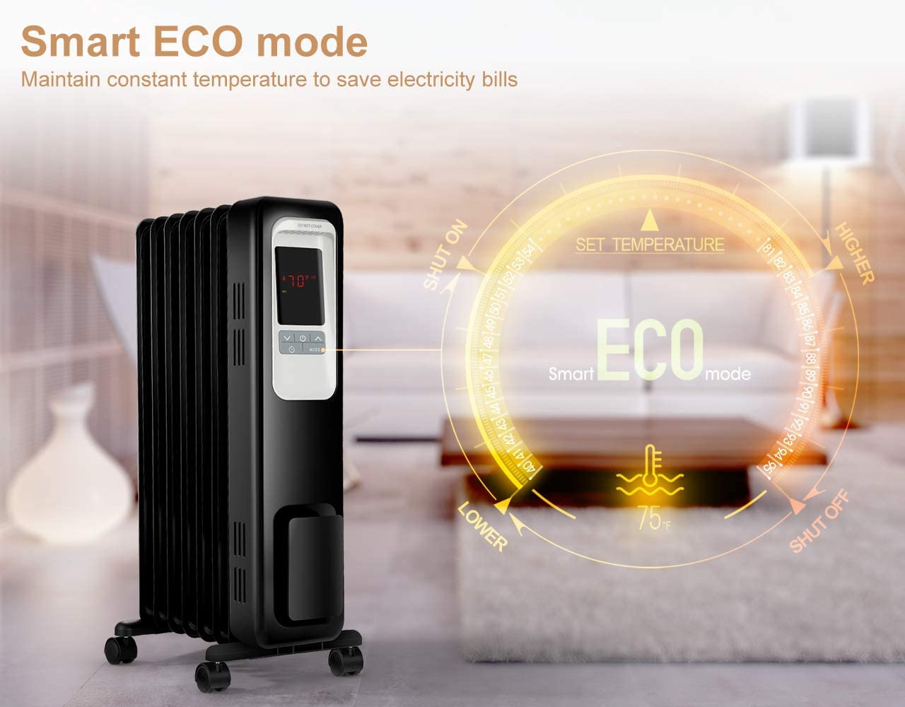 Space Heater, KopBeau 1500W Oil Filled Radiator Electric Heater with Digital Thermostat, 24 Hrs Timer & Remote, Portable Heater for Full Room Indoor