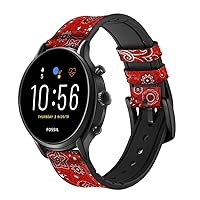 CA0668 Red Classic Bandana Leather & Silicone Smart Watch Band Strap for Fossil Mens Gen 5E 5 4 Sport, Hybrid Smartwatch HR Neutra, Collider, Womens Gen 5 Size (22mm)