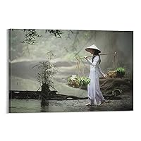 ZHJLUT Poster of A Vietnamese Girl in Traditional Dress Carrying A Basket Painting Canvas Wall Art Prints for Wall Decor Room Decor Bedroom Decor Gifts Posters 12x18inch(30x45cm) Frame-style