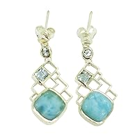 Beautiful Larimar & Blue Topaz Gemstone 925 Solid Sterling silver Stud Earrings Designer Jewelry Gift For Her
