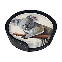 Koala and Butterfly Print Leather Coasters Set of 6 Waterproof Heat-Resistant Drink Coasters Round Cup Mat with Holder for Living Room Kitchen Bar Coffee Decor