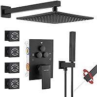 VANFOXLE Shower Faucets Sets Complete Matte Black Shower System,Push Button Diverter Shower Faucet with 2 in 1 Handheld,10 Inch Shower Head with 4 PCS Body Jets(Rough-in Valve Body and Trim Included)