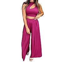 BTFBM Women 2 Piece Outfits Spring Summer Tracksuits Mock Neck Sleeveless Cutout Crop Top Wide Leg Long Pants Sweatsuits