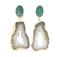 Guntaas Gems Green Strawberry Quartz With Geode Agate Slice Brass Gold Plated Fashion Jewelry Drop Stud Earring