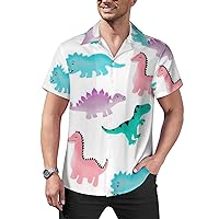 Watercolor Dinosaurs Pattern Men's Casual Button-Down Shirts Short Sleeve Hawaiian Blouse Cuban Collar Tees Tops
