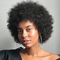 100% Human Hair Afro Wig Human Hair Wear and Go Glueless Wigs 70s Kinky Curly Wig Cosplay or Daily Use (Natural Black)