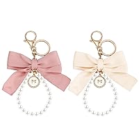 2Pcs Cute Lily Sakura Flower Keychains Wristlet for Women, Pearl Key Chains for Car Keys Bow Keychain Accessories