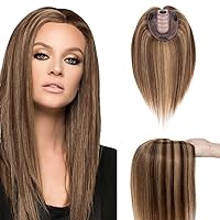 Hairro 18 Inch Silk Base Clip in Human Hair Topper for Women Highlight Medium Brown Mix Dark Blonde Clip on Toupee Extensions with 4 Clips Filler Hairpiece for Thinning Hair #4/27