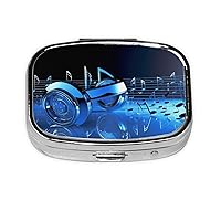 Blue Music Pill Box 2 Compartment Small Pill Case for Purse & Pocket Metal Medicine Case with Mirror Portable Travel Pillbox Medicine Organizer