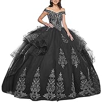 Women's Off Shoulder Beaded Quinceanera Dresses Tulle Applique Ball Gown Dresses