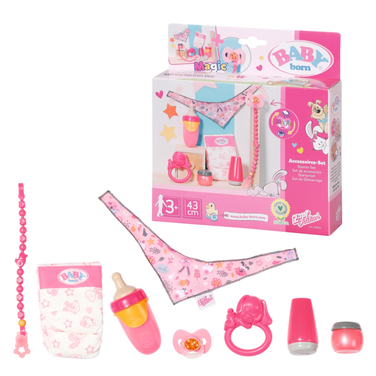 BABY born Starter Set 832851 - Accesories Dolls for Toddlers - Includes Magic Eyes Dummy & Dummy Chain, Nappy, Ring Toy, Powder Bottle, Cream Tube, Bottle & Neckerchief