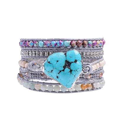 YGLINE Handmade Wrap Bracelet Turquoise, Jasper & Amazonite Natural Stones Leather Charm 5 Strands Boho Bracelet