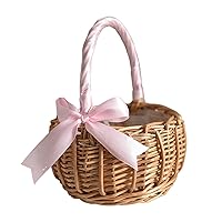 Flower Girl Basket with Handle Woven Willow Basket Wicker Rattan Flower Basket Candy Storage Basket for Wedding Party Decor S Pink Flower Girl Baskets
