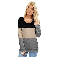 Women Color Block Cutout Sweatshirt Casual Round Neck Cute Tunic Tops Loose Fit Long Sleeve Pullover Bottoming Shirt (Large,Multicolor 4)