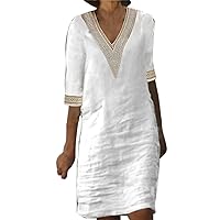 White Midi Dress,Women's Solid Color V Neck Lace Stitching Half Sleeve Dress Easter Dresses for Women Retro