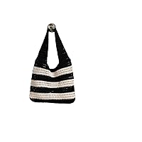 Handwoven Polyester Shoulder Bag Hollow Tote Bag for Women Black Stripped Knit Bag Portable Handbag Large-capacity Storage Bag