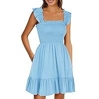Women's Dresses Summer Square Neck Smocked Ruffle Sleeve Flared Midi Dress Swing T-Shirt Dresses Dresses, S-XL