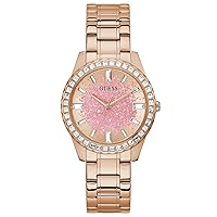 GUESS Ladies Sport Glitter & Crystal 38mm Watch – Pink Glitz Dial with Rose Gold-Tone Stainless Steel Case & Bracelet