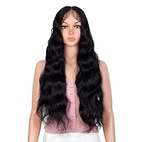 28'' Long Wavy Body Wave Deep Middle Part Lace Front Wigs with Baby Hair For Black Women 130% Density Heat Resistant Synthetic Hair Wigs(Natural Black)