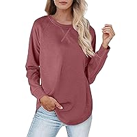 Spring Shirts for Women 2024 Long Sleeve Solid Colour T-Shirt Round Neck Loose Plunging Top Sweatshirts, S-2XL