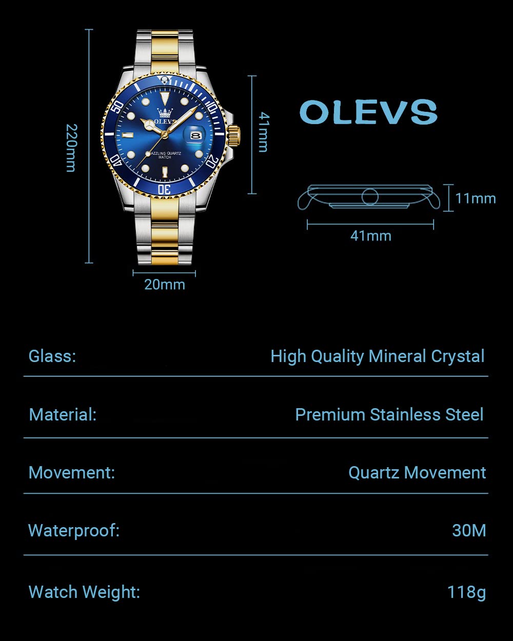 OLEVS Men's Watches with Date, Premium Gold and Silver Stainless Steel Analog Watches for Men, Classic Rotatable Bezel Men's Cuff Watches, Blue/Green/Black Dial