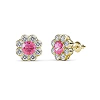 Round Diamond Pink Tourmaline 2 1/2 ctw Floral Womens Halo Stud Earrings 14K Gold