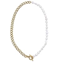 Dainty Freshwater Pearl with Cuban Chain Necklace for Women - 18k Gold Plated Stainless Steel, Stainless Steel, Pearl