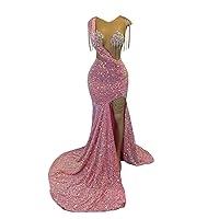 Engerla Sexy Sequins High Split Mermaid Evening Dress Crystal Prom Gown Celebrity Dresses