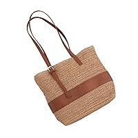 Summer Handmade Woven Straw Bag with Leather Handle Large Capacity Tote Shoulder Bag for Women (34x10x25cm,Rice white)