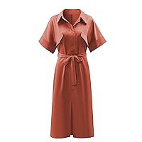 Women's Summer V-Neck Lapel Symmetrical Pocket Shirt Short Sleeve Dress