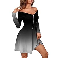 Formal Long Sleeve Mini Dress Sexy Off The Shoulder Short A Line Dress Casual Elegant Floral Ruched Zip Up Dress