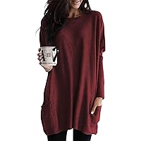 Women's Tops and Blouses Fashion Casual Round Neck Small Pocket Medium Long Solid Colour Sleeve Top Shirts, S-3XL